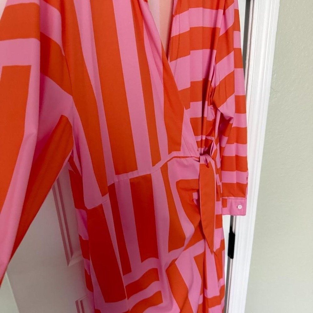 Pink Orange Geometric Striped Wrap Dress Long Sleeve V-Neck Side Tie Midi